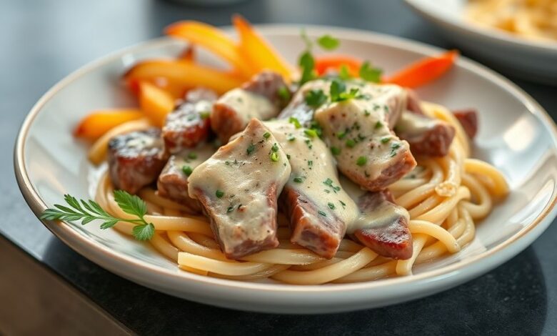 Carne cremosa servida em prato elegante, com molho aveludado e salsinha fresca por cima