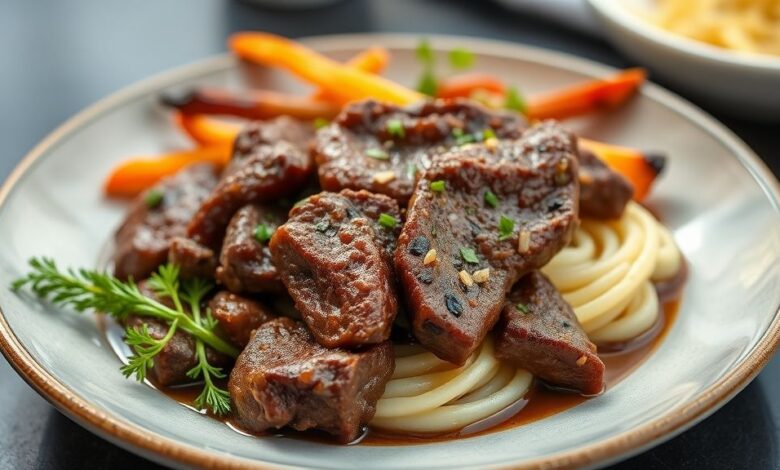 Carne de panela sem molho macia, dourada e bem servida em travessa de ferro com ervas frescas