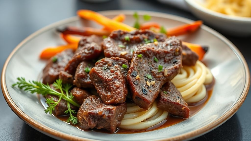 Carne de panela sem molho macia, dourada e bem servida em travessa de ferro com ervas frescas