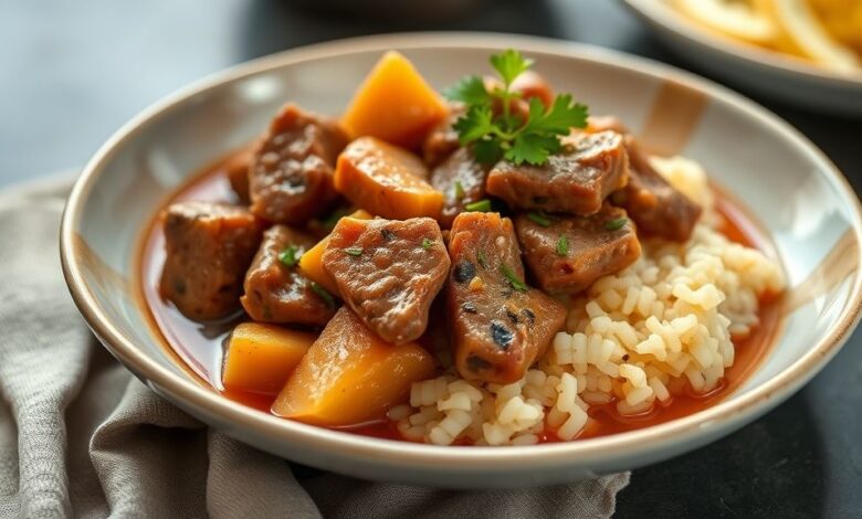 Ensopado de carne de porco macia com mandioca cremosa, servido em tigela rústica e decorado com cheiro-verde fresco