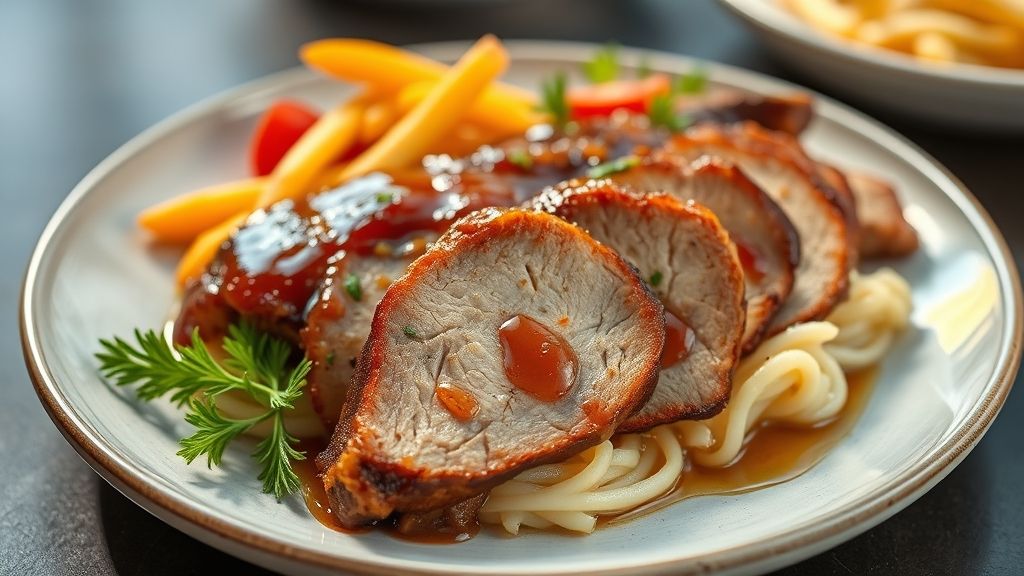 Prato de carne de porco caramelizada com mel e molho agridoce, servido com cebolinha e arroz branco.