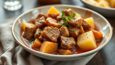 Prato pronto com carne de porco dourada e batatas macias envolvidas em molho encorpado, servido em travessa rústica