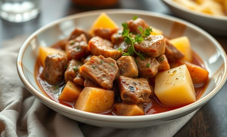 Prato pronto com carne de porco dourada e batatas macias envolvidas em molho encorpado, servido em travessa rústica