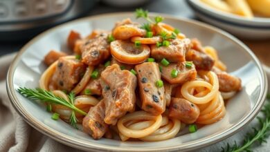 Prato de carne de porco na pressão com cebola, servido com molho espesso e pedaços dourados, aparência suculenta e caseira