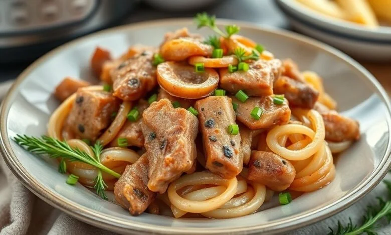 Prato de carne de porco na pressão com cebola, servido com molho espesso e pedaços dourados, aparência suculenta e caseira