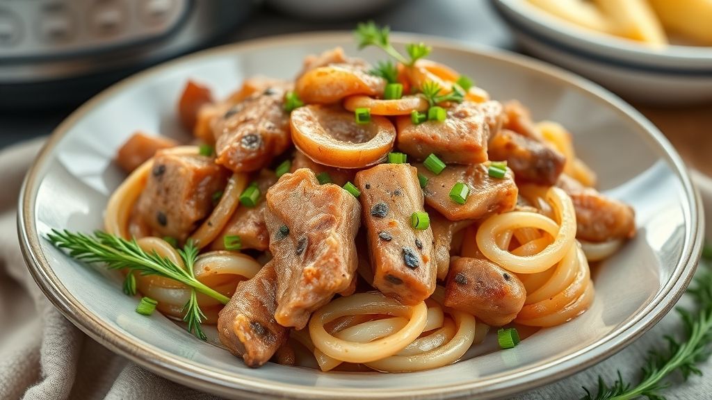 Prato de carne de porco na pressão com cebola, servido com molho espesso e pedaços dourados, aparência suculenta e caseira