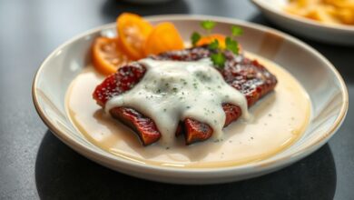 Prato de carne de sol ao leite finalizado em travessa rústica, com molho cremoso e cebolas douradas