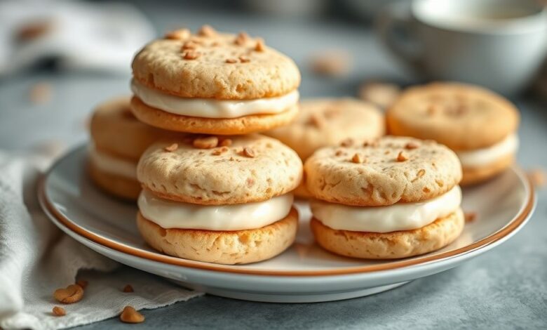 Casadinhos dourados e polvilhados com açúcar, recheados com doce de leite cremoso, dispostos em prato de porcelana.