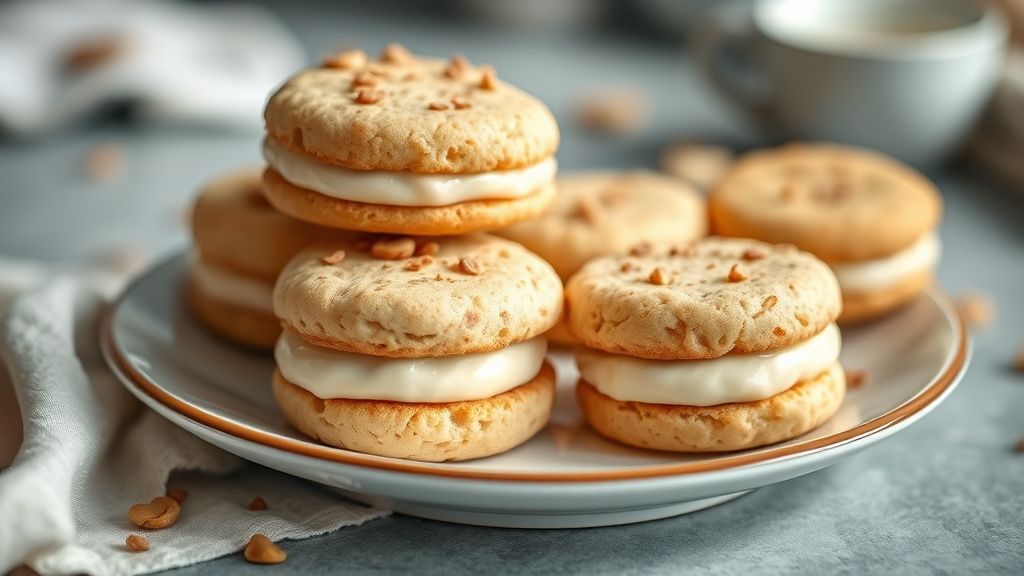 Casadinho de doce de leite pronto, com açúcar polvilhado e recheio cremoso visível entre as metades douradas.