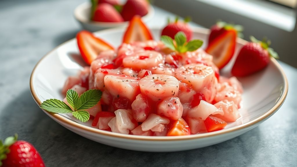 Caviar de morango caseiro em taça de vidro, pequenas esferas vermelhas brilhantes com aparência delicada e sofisticada.