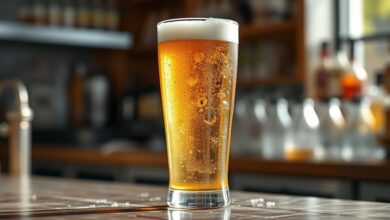 Copo de cerveja dourada bem gelada e espumando, servida após descongelamento correto