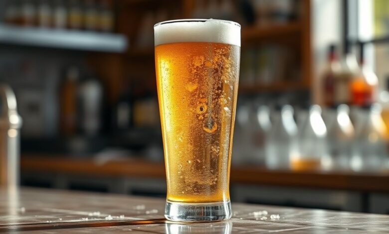 Copo de cerveja dourada bem gelada e espumando, servida após descongelamento correto