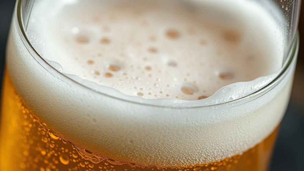 Close-up da cerveja espumando no copo, com gotas de condensação e cor dourada