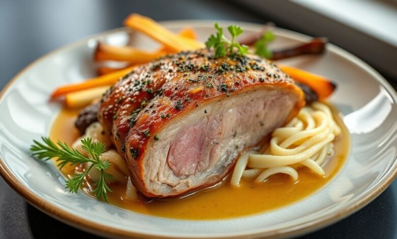 Chester dourado, crocante e suculento servido em travessa natalina com ervas e acompanhamentos clássicos.