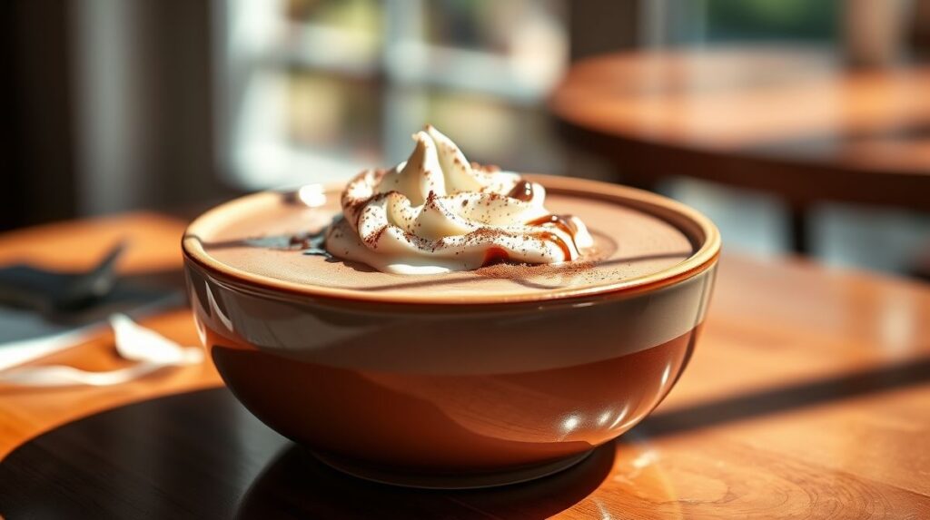 Caneca fumegante de chocolate quente cremoso com textura rica e brilho aveludado, decorada com chantilly e raspas de chocolate.