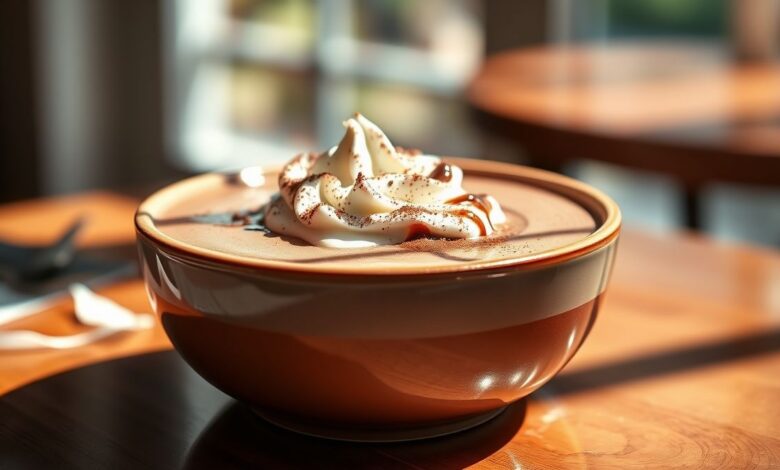 Caneca fumegante de chocolate quente cremoso com textura rica e brilho aveludado, decorada com chantilly e raspas de chocolate.