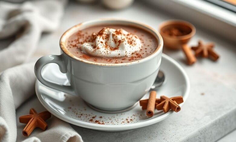 Caneca de chocolate quente sem canela com textura cremosa e acabamento com raspas de chocolate, em ambiente aconchegante