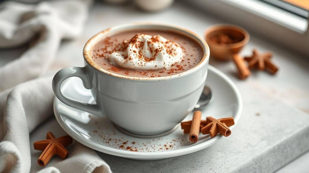 Caneca de chocolate quente sem canela com textura cremosa e acabamento com raspas de chocolate, em ambiente aconchegante