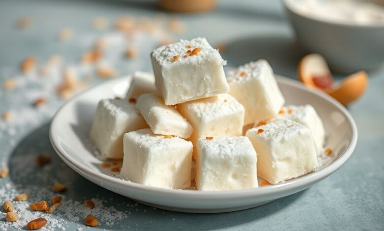 Cocada de leite em pó de corte, cremosa por dentro e firme por fora, servida em quadradinhos em prato branco elegante