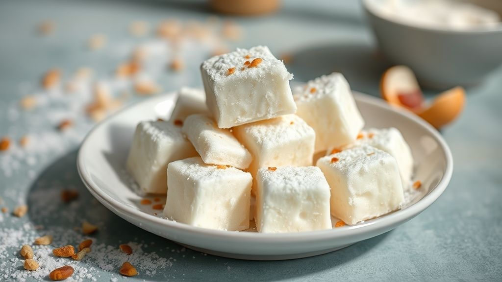 Cocada de leite em pó cremosa cortada em quadradinhos, doce branco com textura suave e brilho apetitoso