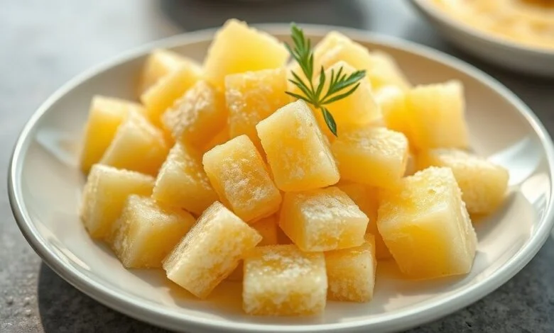 Pedaços de abacaxi congelados e organizados em potes herméticos, com aparência fresca e vibrante.