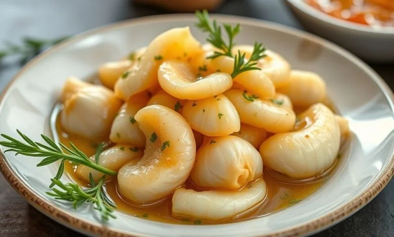 Potes de conserva de alho com vinagre, dourados e bem vedados, sobre uma superfície rústica com ervas frescas