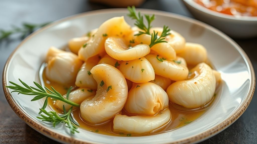 Potes de conserva de alho com vinagre prontos, com dentes dourados e aromatizados com ervas frescas