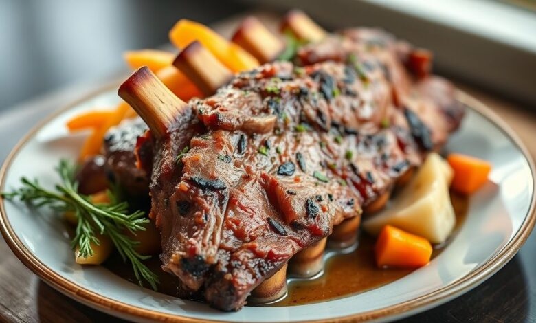 Costela assada no forno dourada, suculenta e com crosta crocante, servida com batatas e cenouras assadas