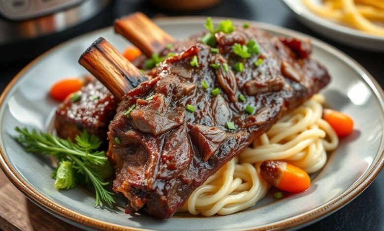 Costela gaúcha dourada, servida com molho espesso e acompanhada de mandioca e farofa, com aparência suculenta e apetitosa