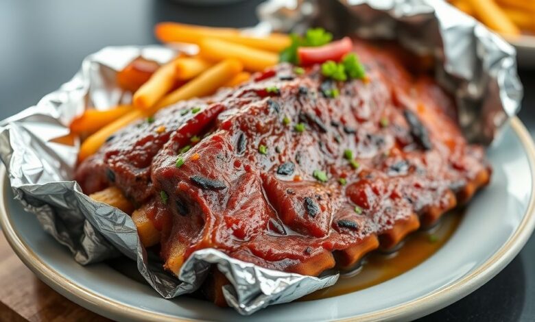 Costela dourada, suculenta e bem apresentada em prato de madeira, com ervas frescas e batatas douradas ao lado.