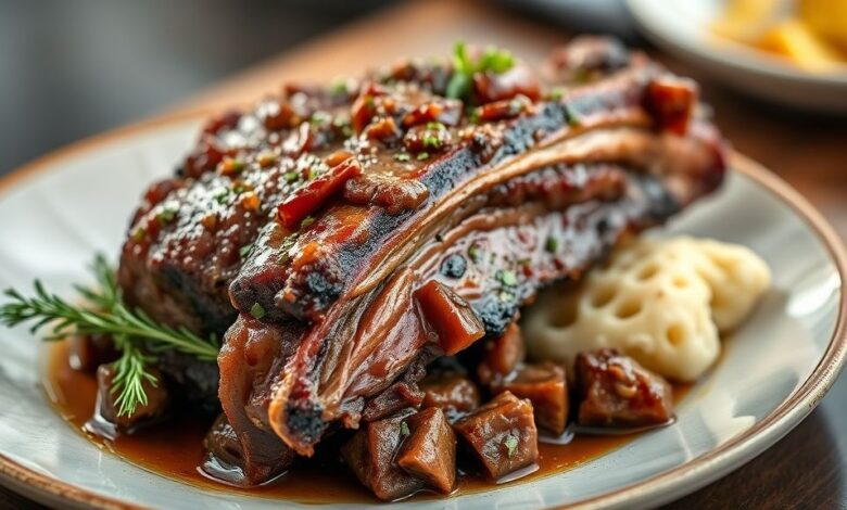 Costela assada dourada e suculenta, servida em travessa rústica, soltando do osso e com aroma irresistível
