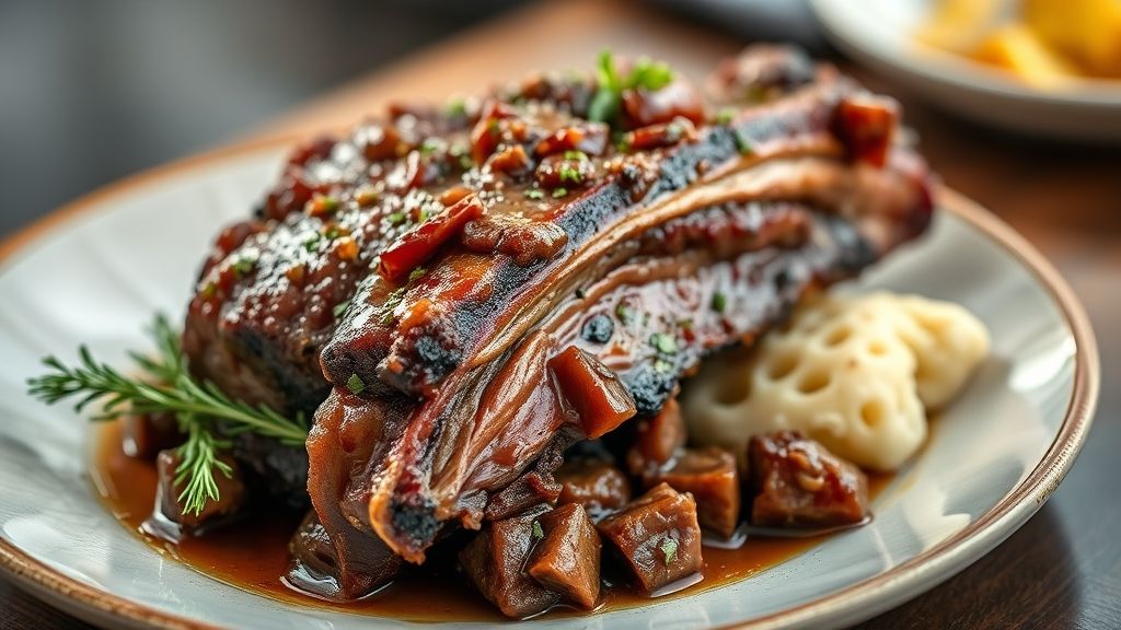 Costela assada dourada e suculenta, servida em travessa rústica, soltando do osso e com aroma irresistível