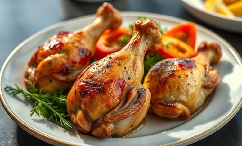 Prato finalizado de coxas e sobrecoxas de frango assadas, douradas e crocantes, servidas em travessa com ervas frescas