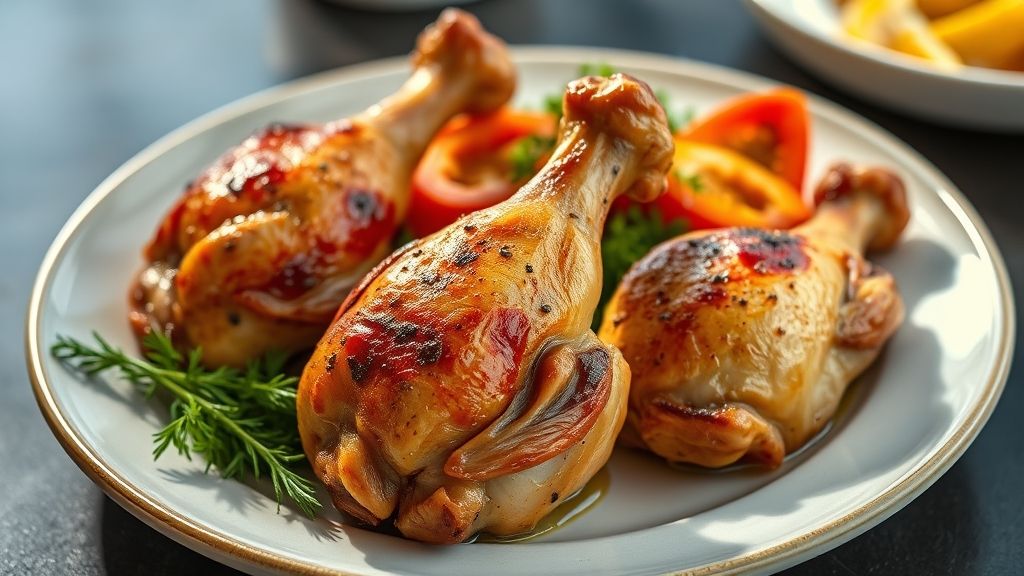 Prato finalizado de coxas e sobrecoxas de frango assadas, douradas e crocantes, servidas em travessa com ervas frescas