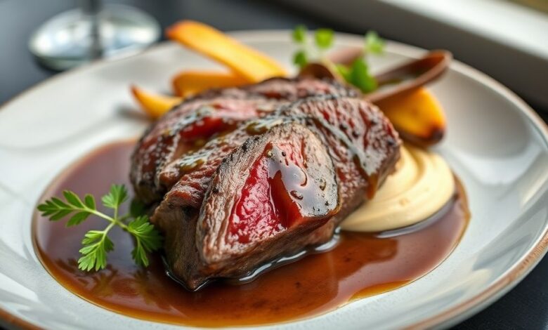 Coxão duro ao molho madeira servido em prato fundo com molho espesso e champignons, visual sofisticado e apetitoso.