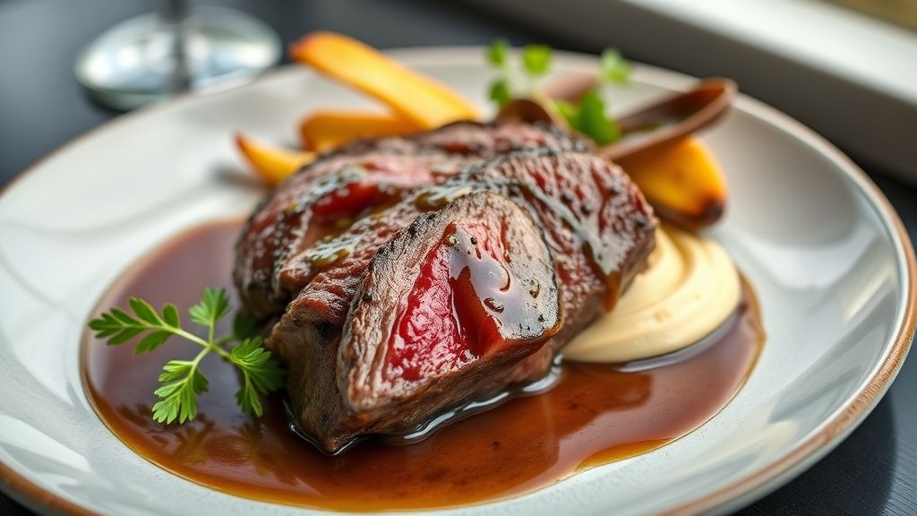 Coxão duro ao molho madeira servido em prato fundo com molho espesso e champignons, visual sofisticado e apetitoso.