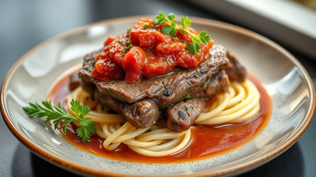 Coxão mole ao molho servido em prato rústico, com molho encorpado e acompanhamentos caseiros