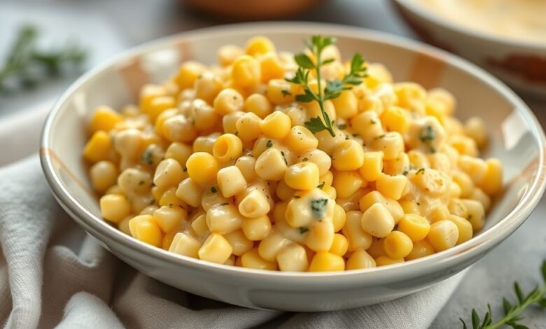 Tigela branca com creme de milho fácil cremoso, textura aveludada e toque dourado