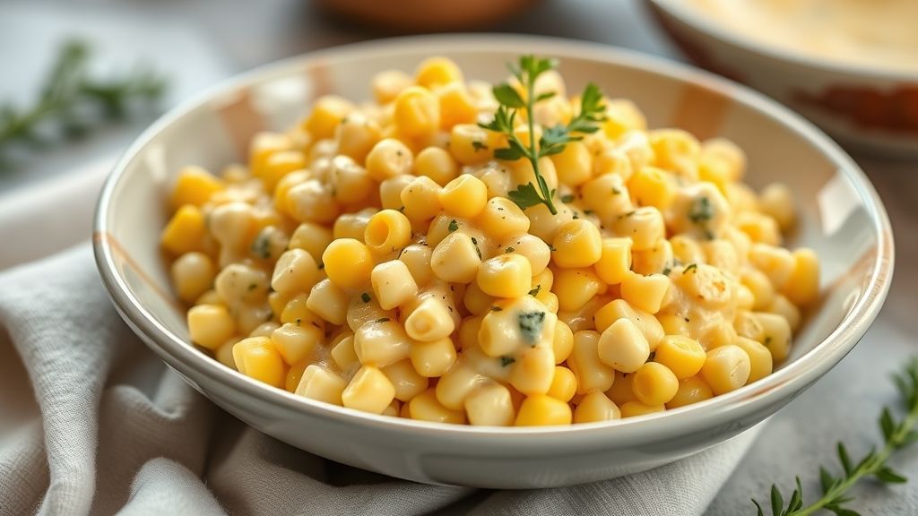 Prato fundo com creme de milho fácil cremoso, dourado e decorado com salsinha picada