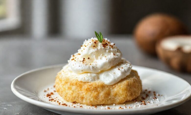 Sobremesa cremosa e gelada de coco em refratário de vidro, com cobertura dourada de coco tostado