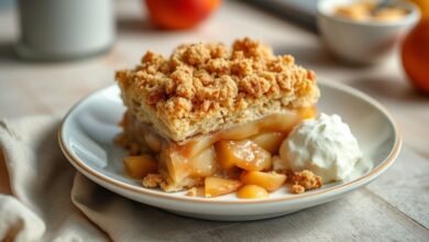 Crumble de maçã dourado e crocante servido em refratário, exalando aroma de especiarias e com cobertura amanteigada derretendo.