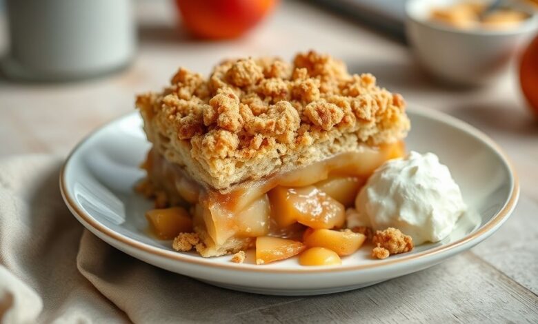 Crumble de maçã dourado e crocante servido em refratário, exalando aroma de especiarias e com cobertura amanteigada derretendo.