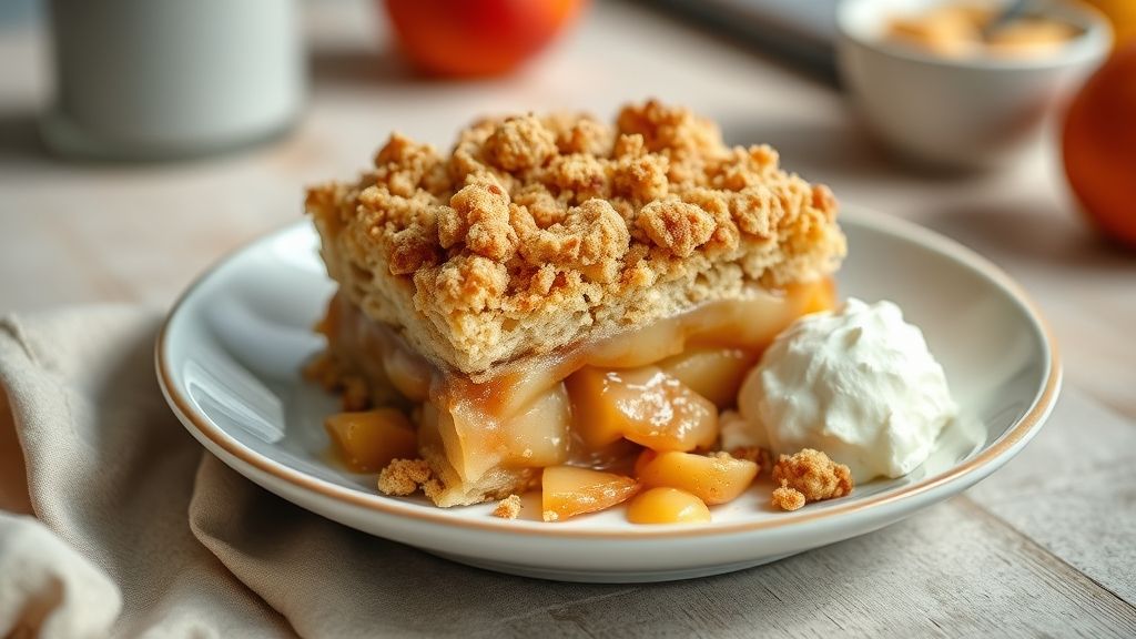 Crumble de maçã maravilhoso dourado e crocante, servido quente em refratário com maçãs assadas e textura irresistível