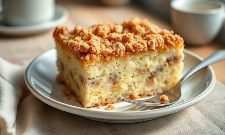 Cuca dourada com farofa crocante e recheio cremoso de leite condensado, servida sobre prato de porcelana com cenário caseiro e acolhedor