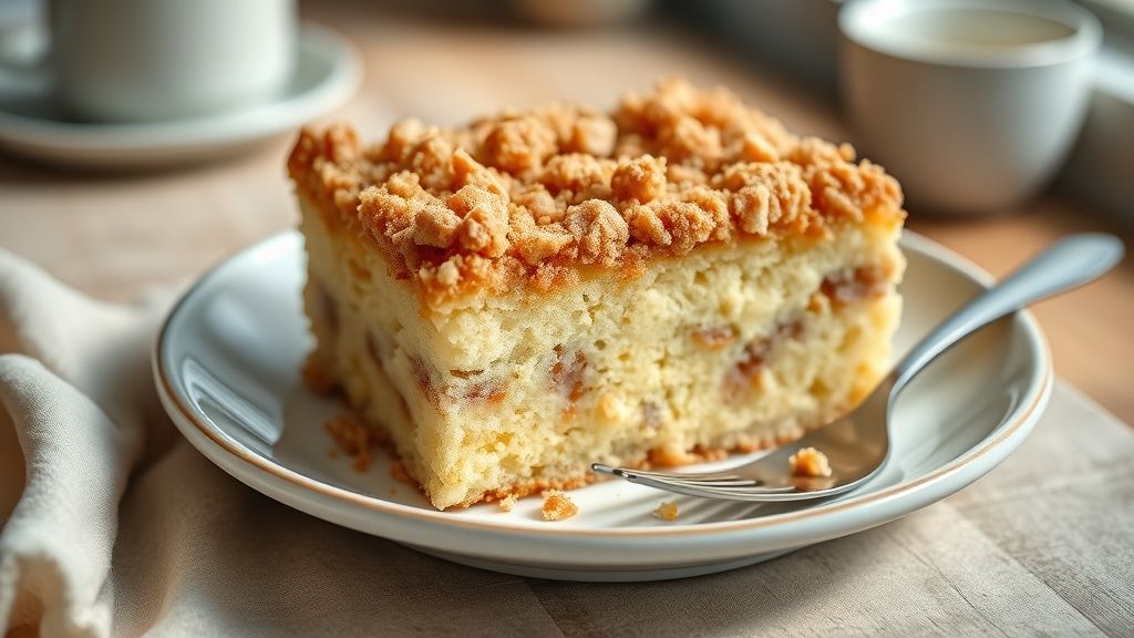 Cuca de leite condensado dourada com farofa crocante e recheio cremoso, servida em fatias apetitosas