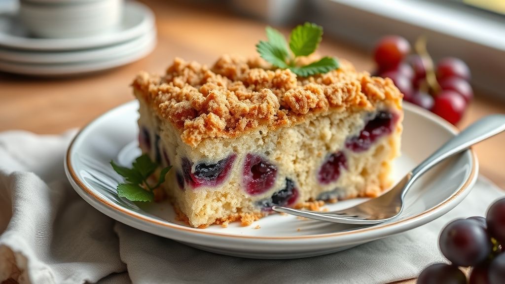 Cuca de uva tradicional dourada, com farofa crocante e uvas suculentas por cima
