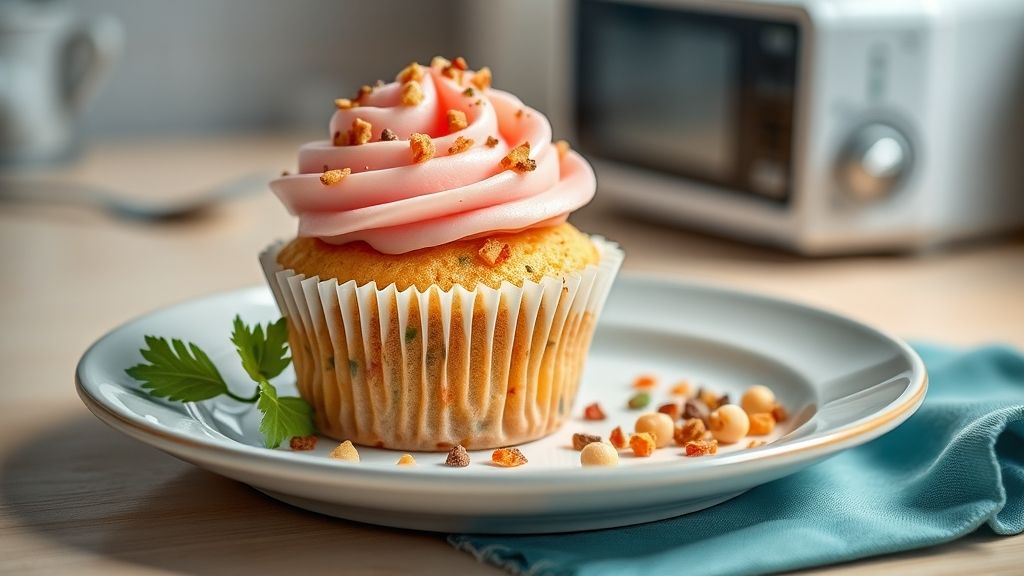 Um cupcake de micro-ondas fofinho, decorado com ganache e confeitos coloridos, servido em uma caneca charmosa