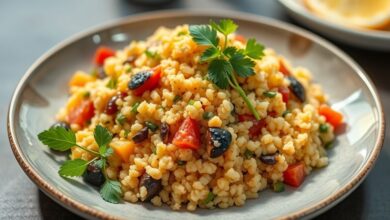 Cuscuz paulista de legumes colorido decorado com rodelas de tomate e ovos, servido em prato branco