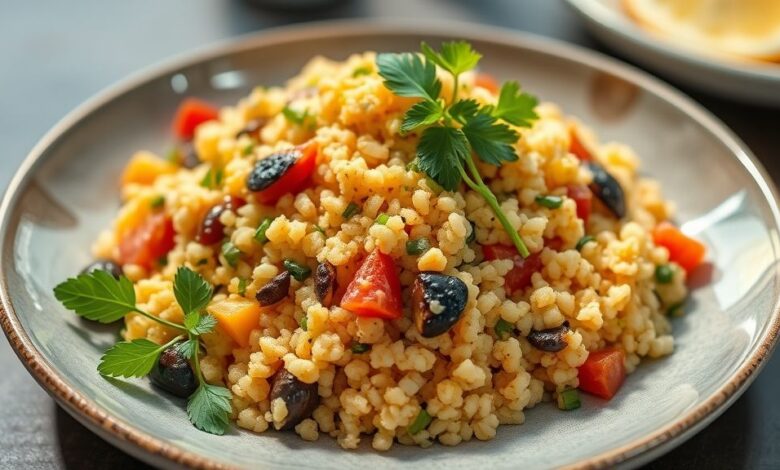 Cuscuz paulista de legumes colorido decorado com rodelas de tomate e ovos, servido em prato branco