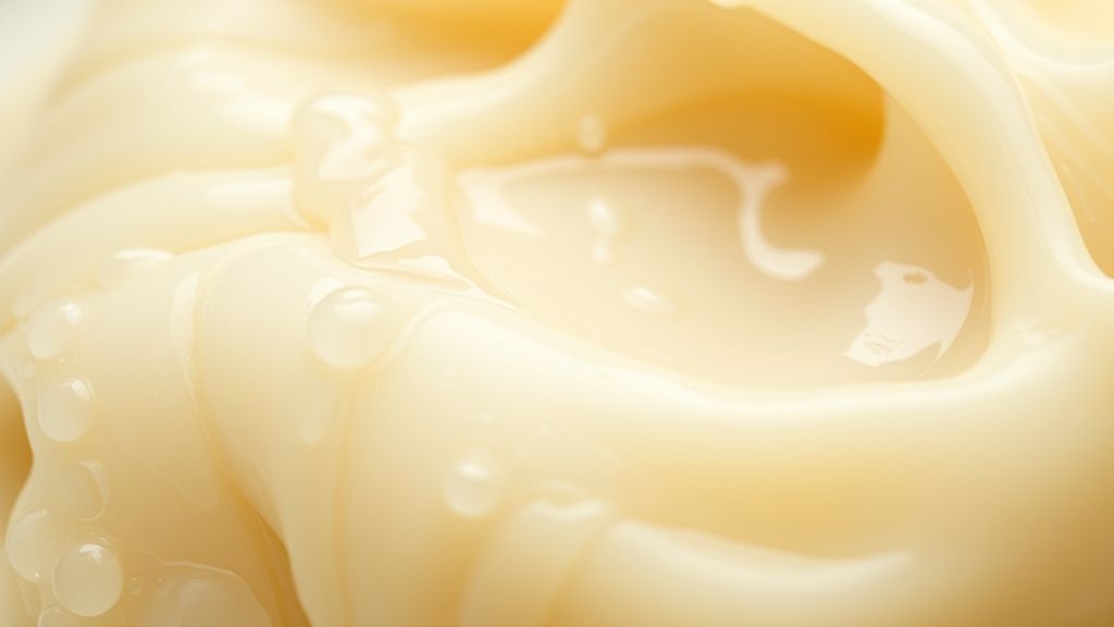 Close-up do pote de banha solidificada, branca e brilhante, mostrando textura cremosa e pureza